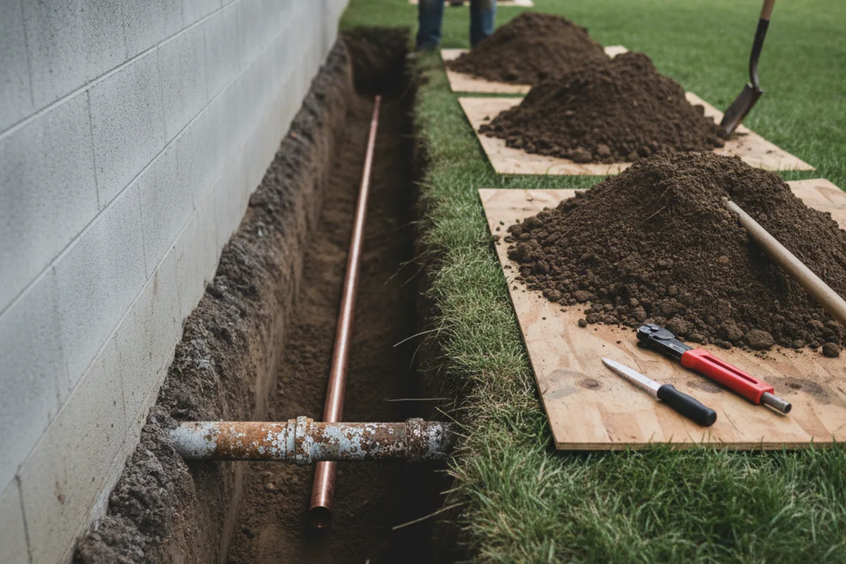 Excavated water line trench during Water Softener Installation in Doylestown